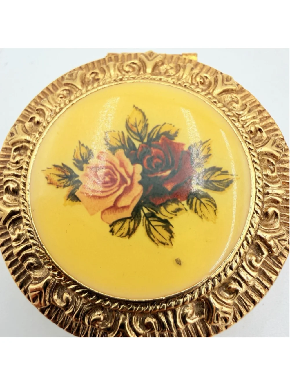 Rose Floral PILL BOX Gold Tone Ornate Round 2 Compartment Compact 2 Inch